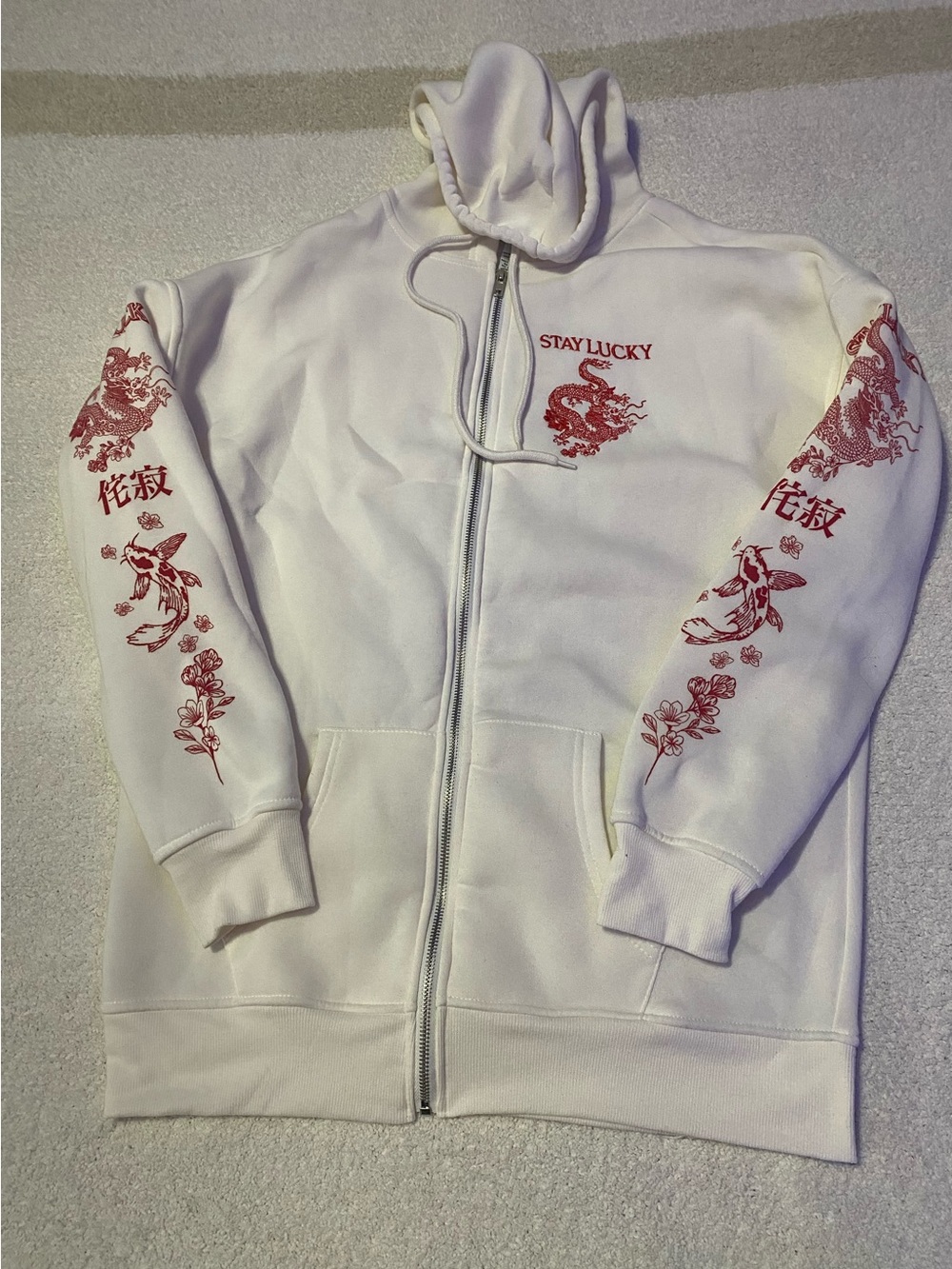 White Zip Hoodie with Red 'Stay Lucky' Dragon Graphic